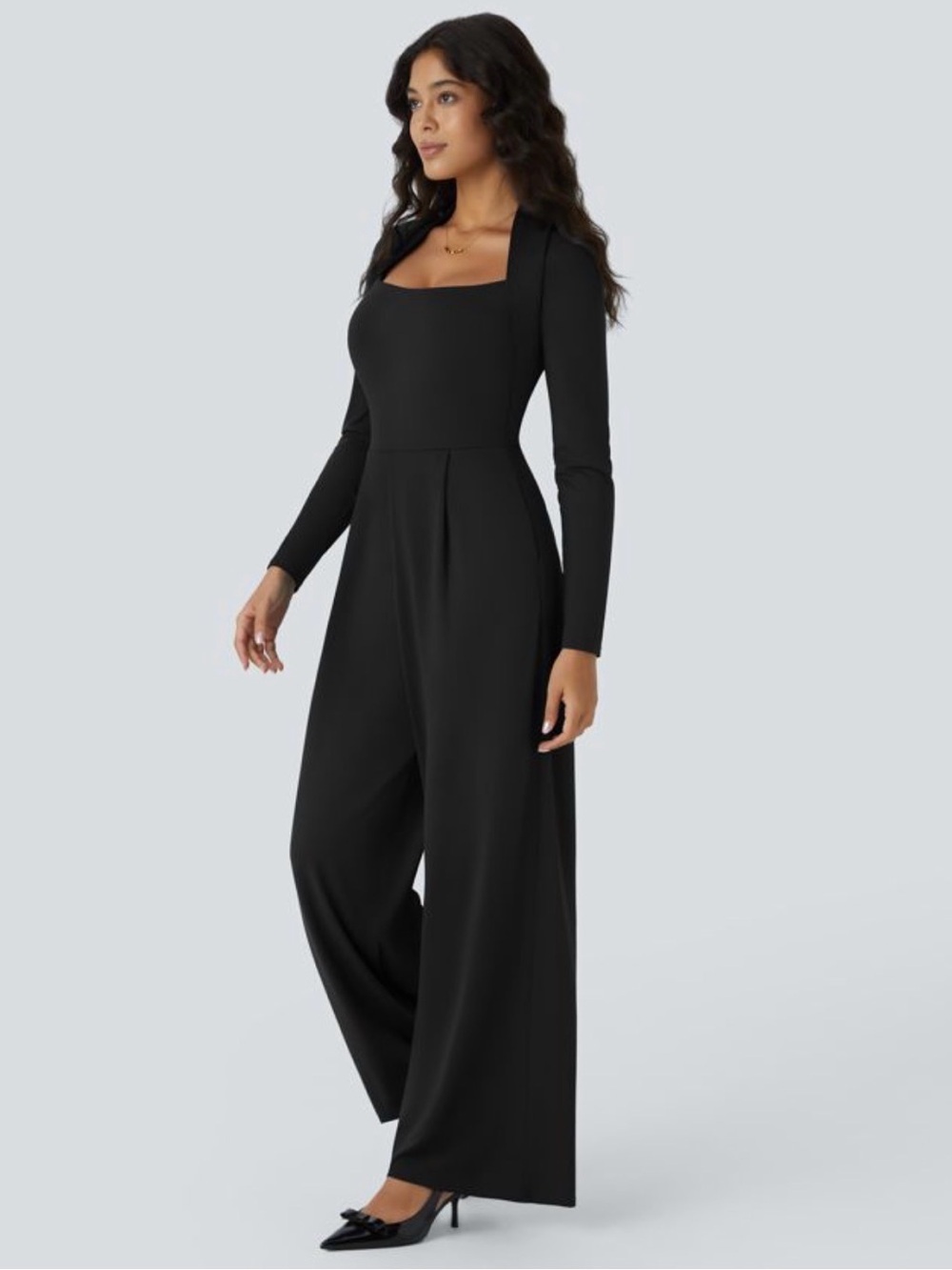 HALARA Black Square-Neck Long-Sleeve Jumpsuit